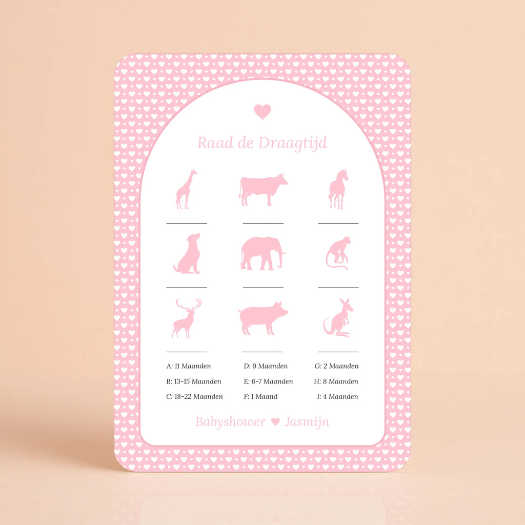 Raad de Draagtijd kaart met witte hartjes op roze achtergrond, gepersonaliseerd met naam – Studio Miron