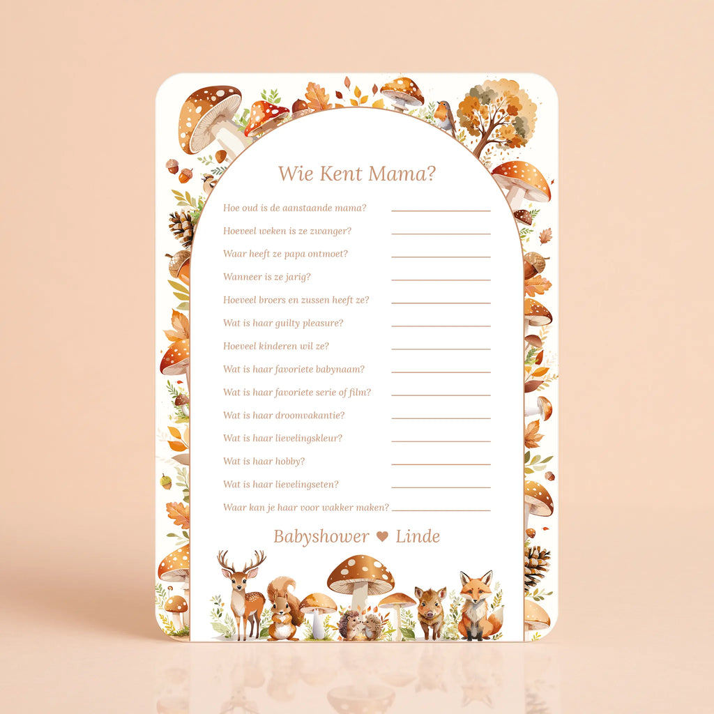 Babyshower spelkaart Wie kent Mama in Bosdieren stijl, gepersonaliseerd met naam – Studio Miron