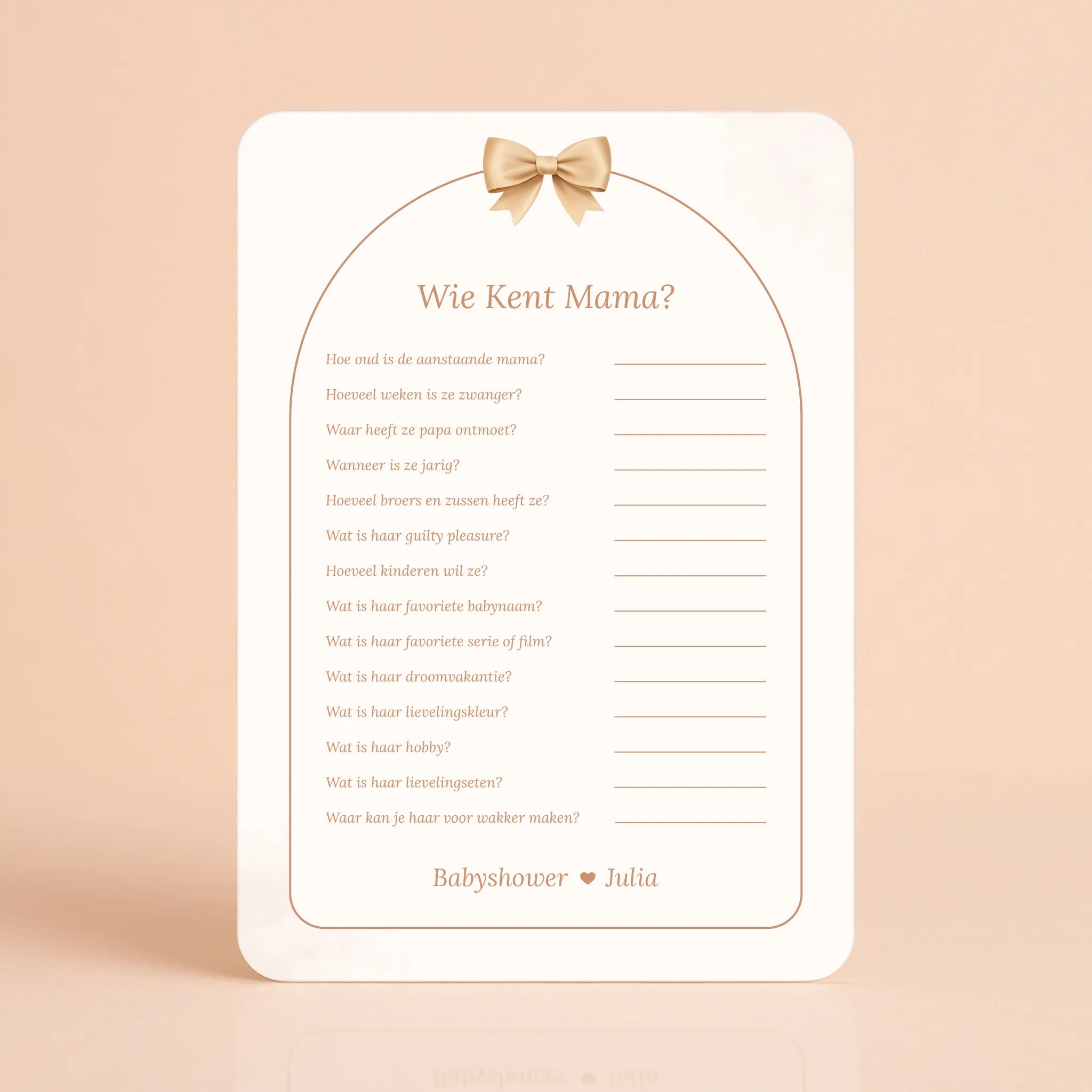 Babyshower spelkaart Wie kent Mama in Boho Strik stijl, gepersonaliseerd met naam – Studio Miron