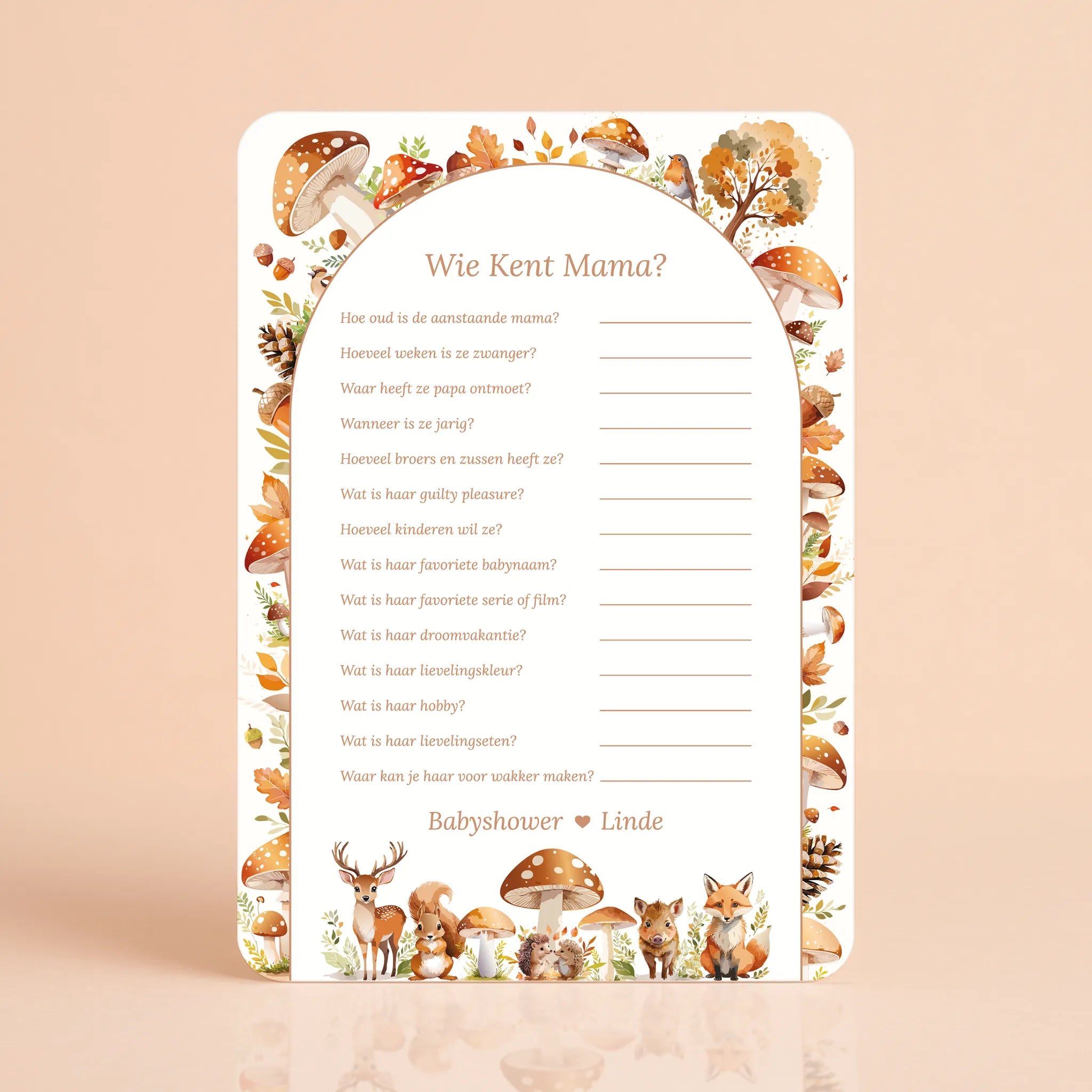 Babyshower spelkaart Wie kent Mama in Bosdieren stijl, gepersonaliseerd met naam – Studio Miron