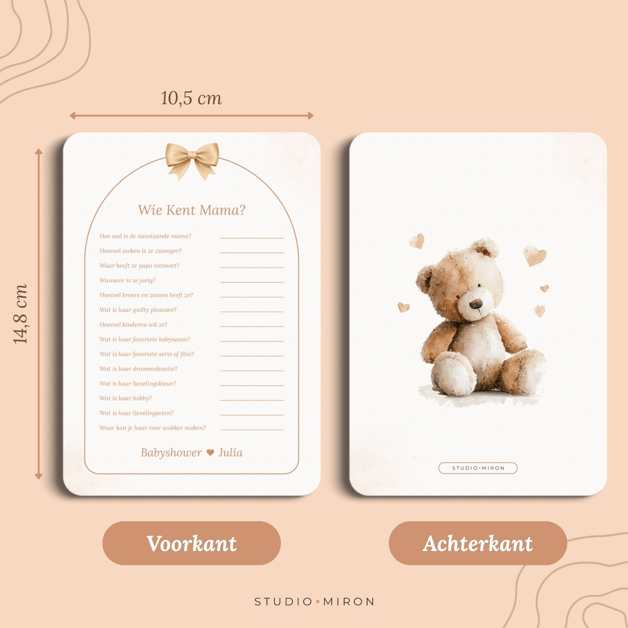 Babyshower spel Wie kent Mama in Boho Beige Beertje stijl, formaat voorkant en achterkant – Studio Miron