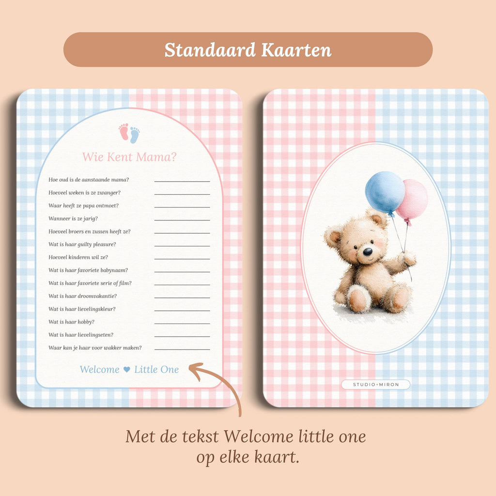 Babyshower spelletjes wie kent mama gingham roze blauw standaard voor en achter Studio Miron
