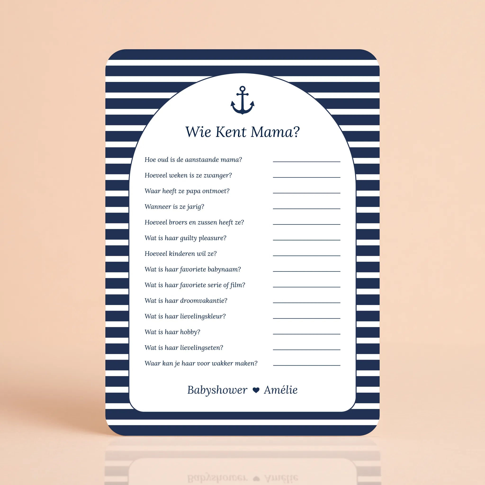 Babyshower spelkaart Wie kent Mama in Navy Blue stijl, gepersonaliseerd met naam – Studio Miron