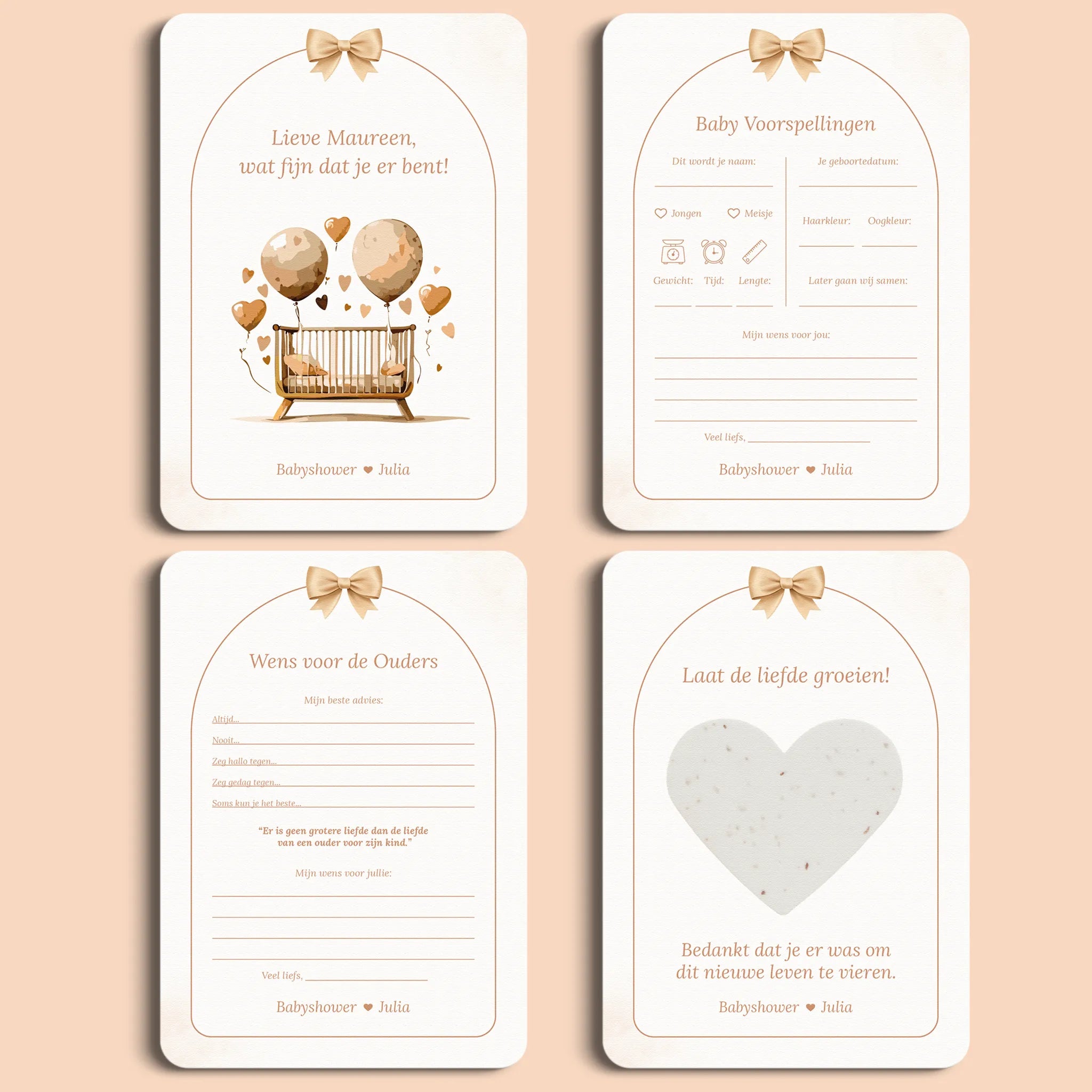 Babyshower Starterspakket in Boho Strik stijl, inclusief invulkaarten, cadeau en welkomstposter gepersonaliseerd met naam – Studio Miron